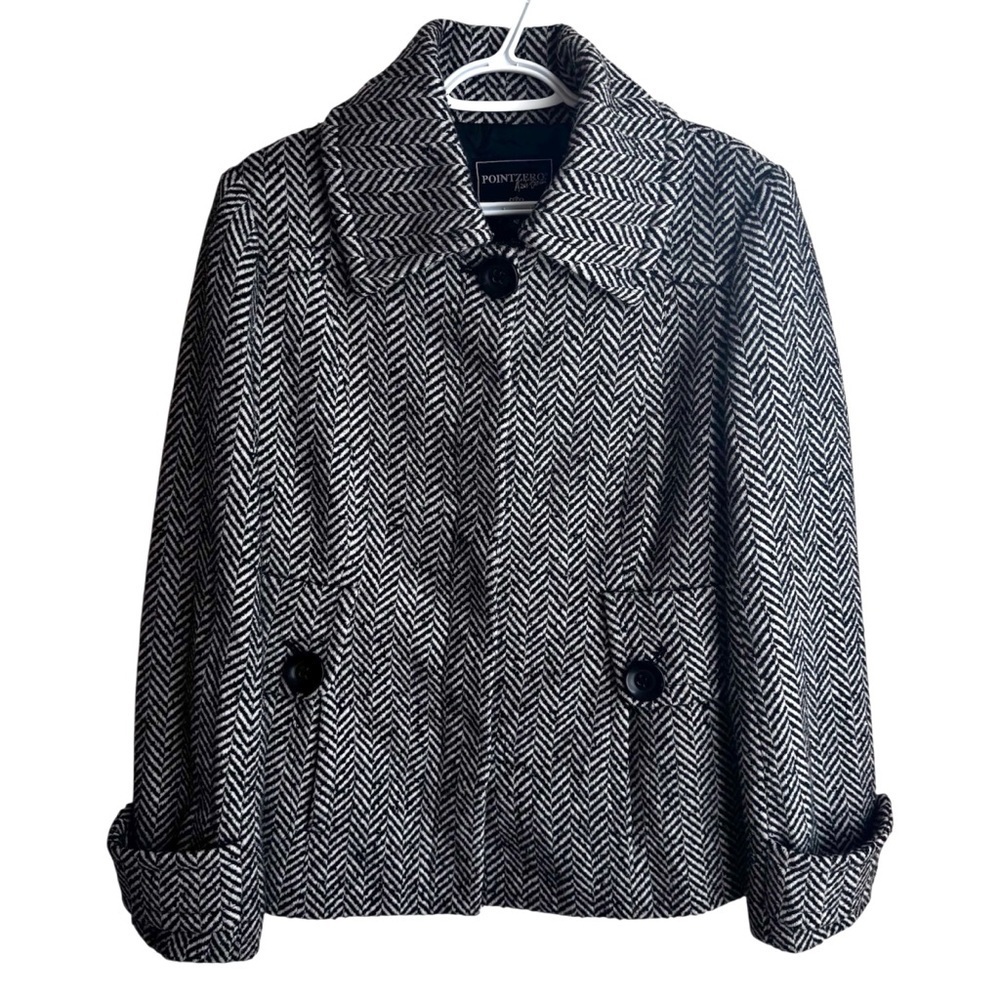 Point Zero Black White Herringbone Wool Blend Jacket Coat Abstract Outerwear